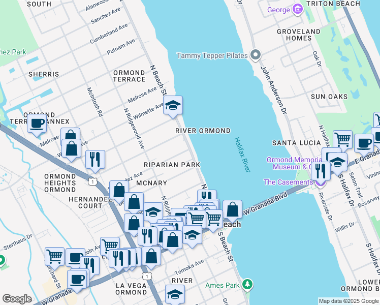 map of restaurants, bars, coffee shops, grocery stores, and more near 16 Hernandez Avenue in Ormond Beach