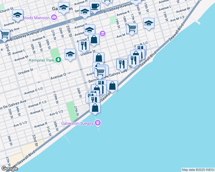 map of restaurants, bars, coffee shops, grocery stores, and more near 2228 Seawall Boulevard in Galveston