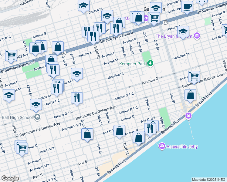 map of restaurants, bars, coffee shops, grocery stores, and more near 3301 Avenue O in Galveston