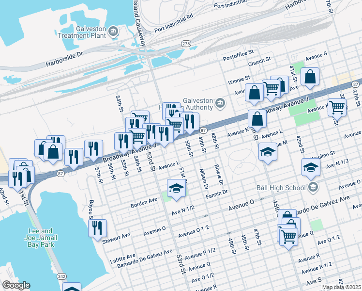 map of restaurants, bars, coffee shops, grocery stores, and more near 4 Windsor Court in Galveston