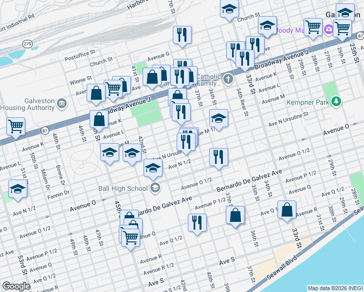 map of restaurants, bars, coffee shops, grocery stores, and more near 1511 39th Street in Galveston