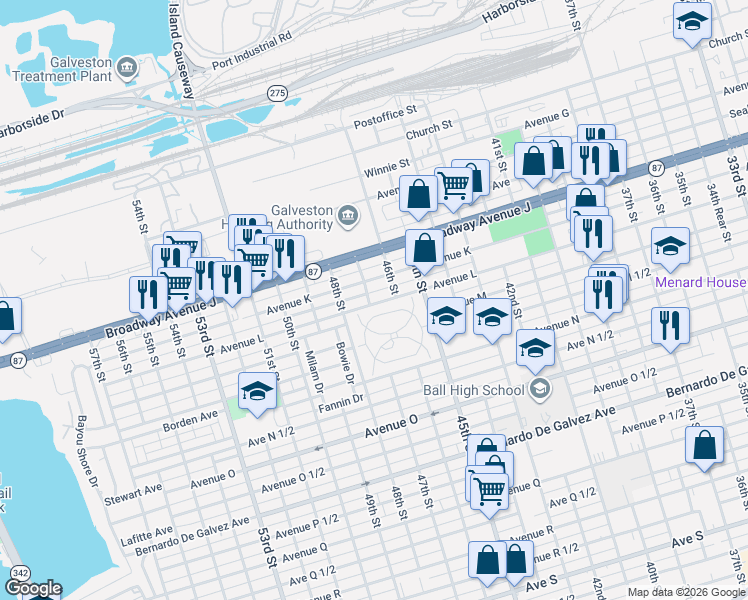 map of restaurants, bars, coffee shops, grocery stores, and more near 57 Cedar Lawn Circle in Galveston