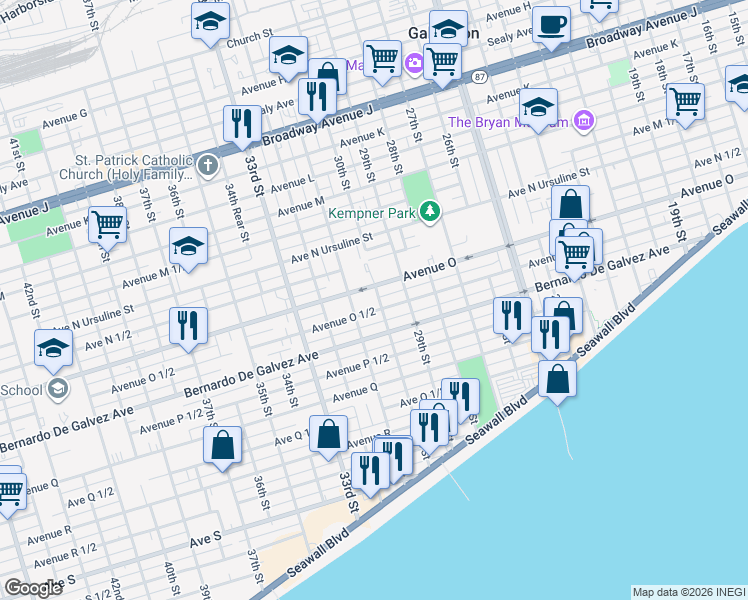 map of restaurants, bars, coffee shops, grocery stores, and more near 1715 30th Street in Galveston
