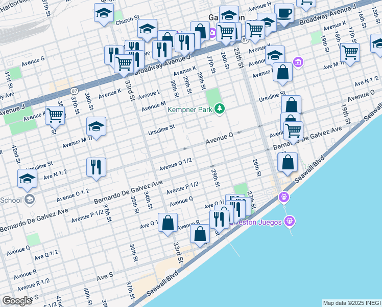 map of restaurants, bars, coffee shops, grocery stores, and more near 1715 30th Street in Galveston