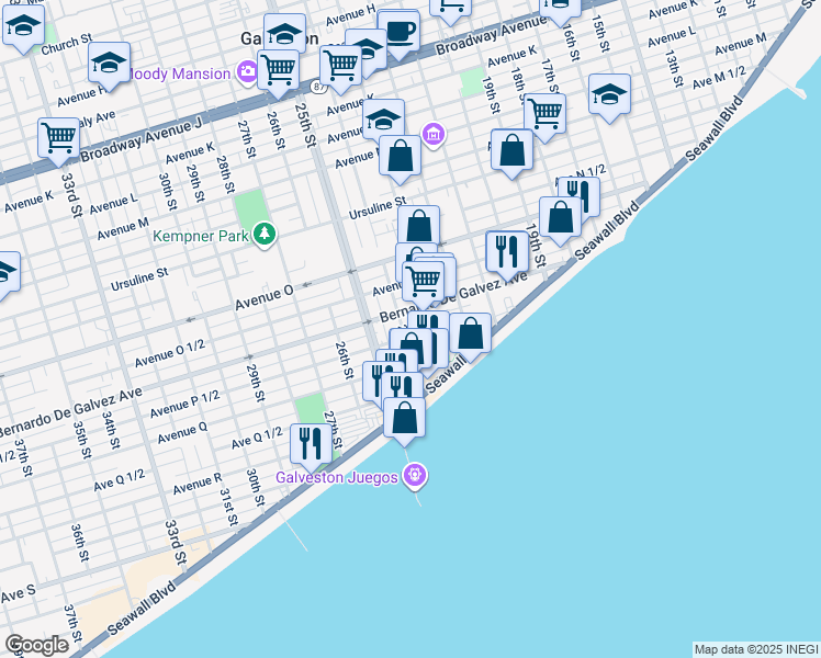 map of restaurants, bars, coffee shops, grocery stores, and more near 1901 23rd Street in Galveston