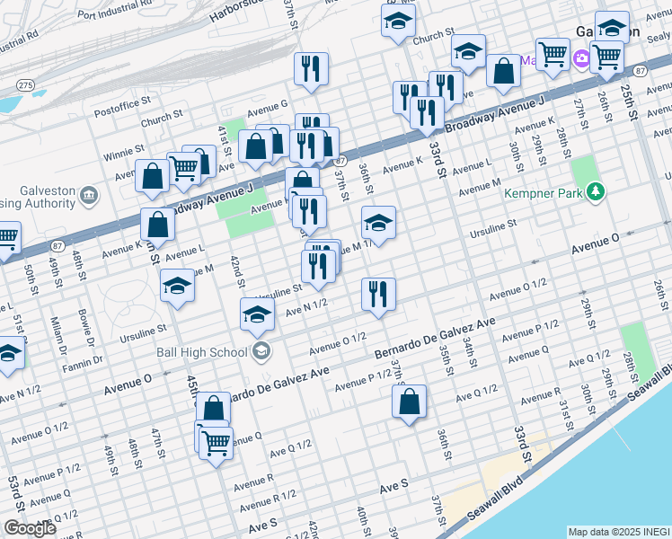 map of restaurants, bars, coffee shops, grocery stores, and more near 3717 Avenue M 1/2 in Galveston