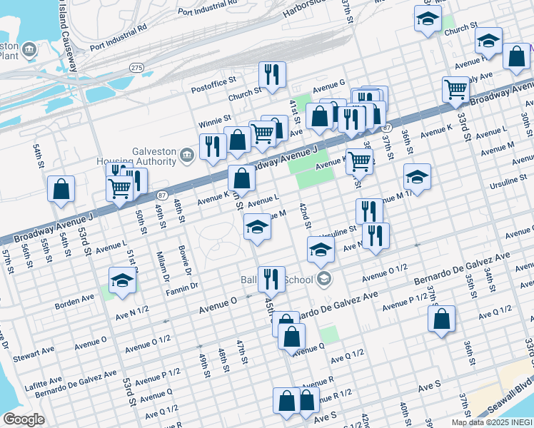 map of restaurants, bars, coffee shops, grocery stores, and more near 4319 Avenue L in Galveston