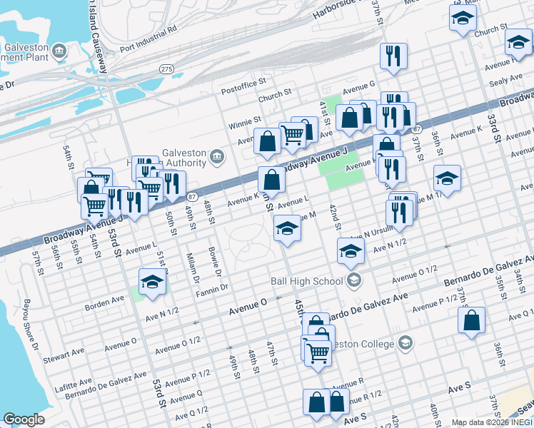 map of restaurants, bars, coffee shops, grocery stores, and more near 1122 45th Street in Galveston