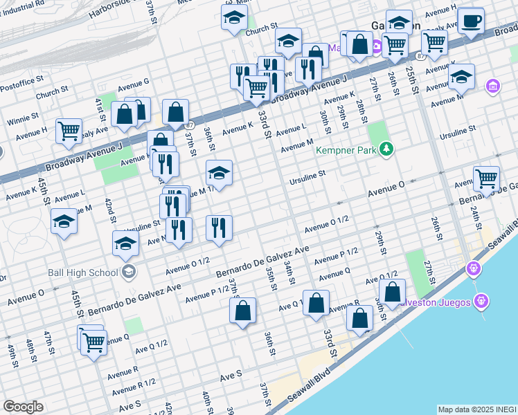 map of restaurants, bars, coffee shops, grocery stores, and more near 3416 Avenue North 1/2 in Galveston