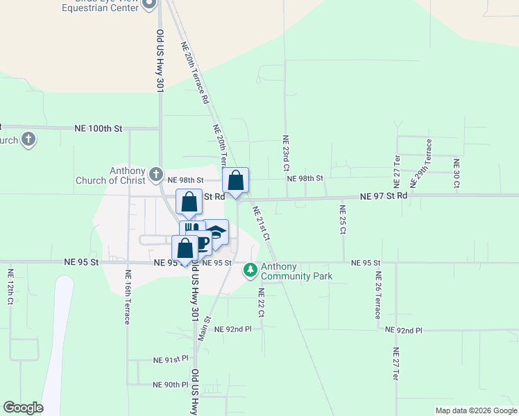 map of restaurants, bars, coffee shops, grocery stores, and more near 2265 Northeast 97th Street Road in Anthony