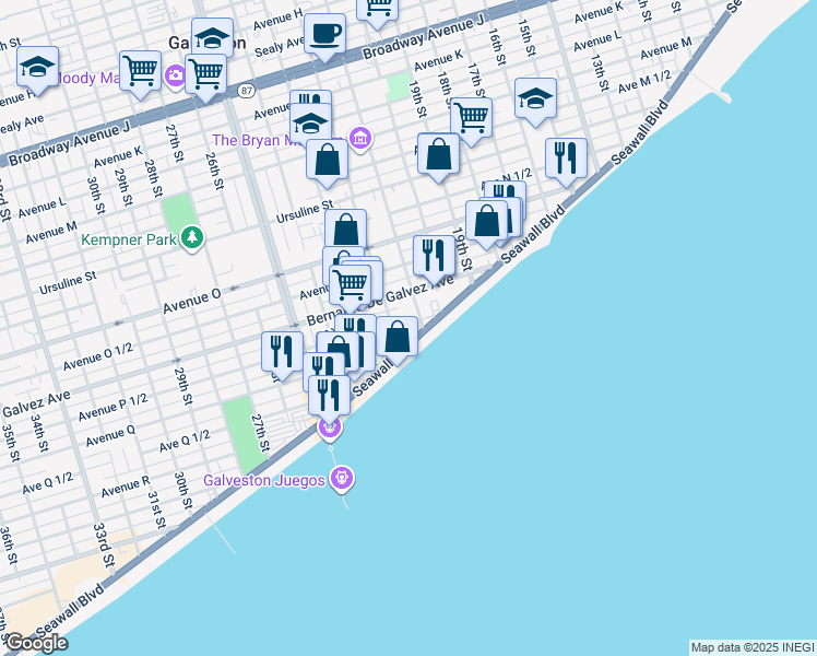 map of restaurants, bars, coffee shops, grocery stores, and more near 1909 21st Street in Galveston