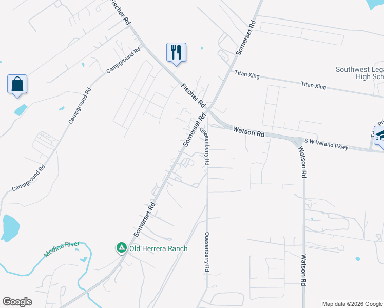 map of restaurants, bars, coffee shops, grocery stores, and more near 13448 Somerset Road in Von Ormy