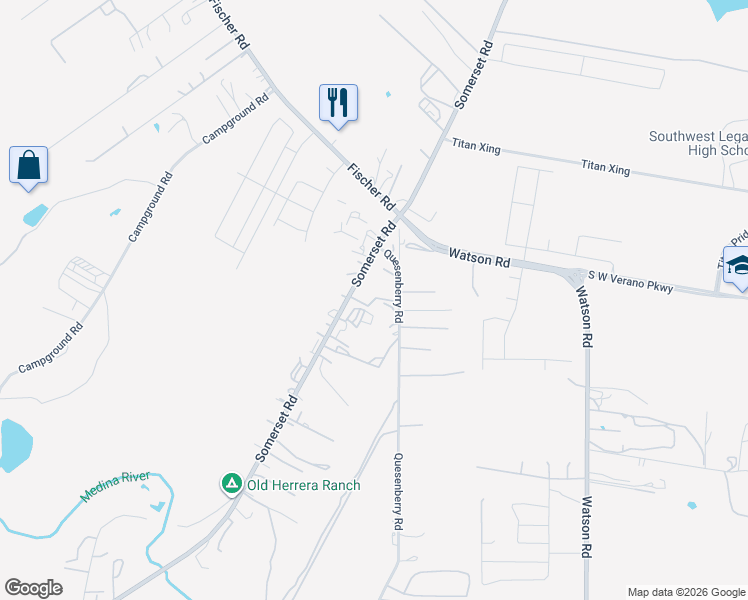 map of restaurants, bars, coffee shops, grocery stores, and more near 13448 Somerset Road in Von Ormy