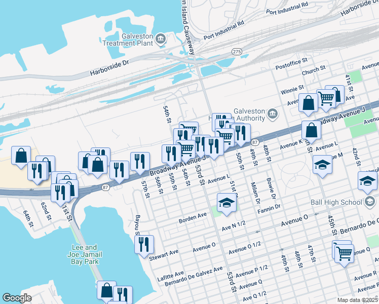 map of restaurants, bars, coffee shops, grocery stores, and more near 5320 Avenue I in Galveston