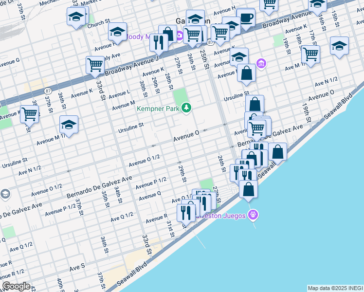 map of restaurants, bars, coffee shops, grocery stores, and more near 1710 28th Street in Galveston