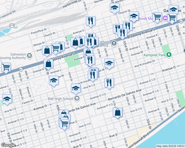 map of restaurants, bars, coffee shops, grocery stores, and more near 1314 39th Street in Galveston