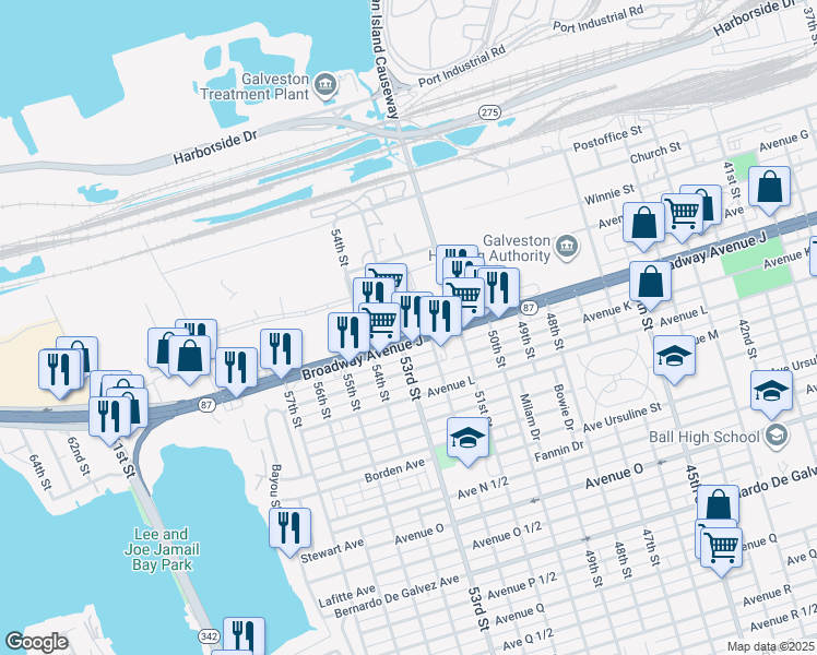 map of restaurants, bars, coffee shops, grocery stores, and more near 912 52nd Street in Galveston