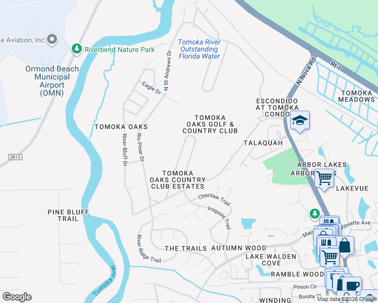 map of restaurants, bars, coffee shops, grocery stores, and more near 22 Oakmont Circle in Ormond Beach