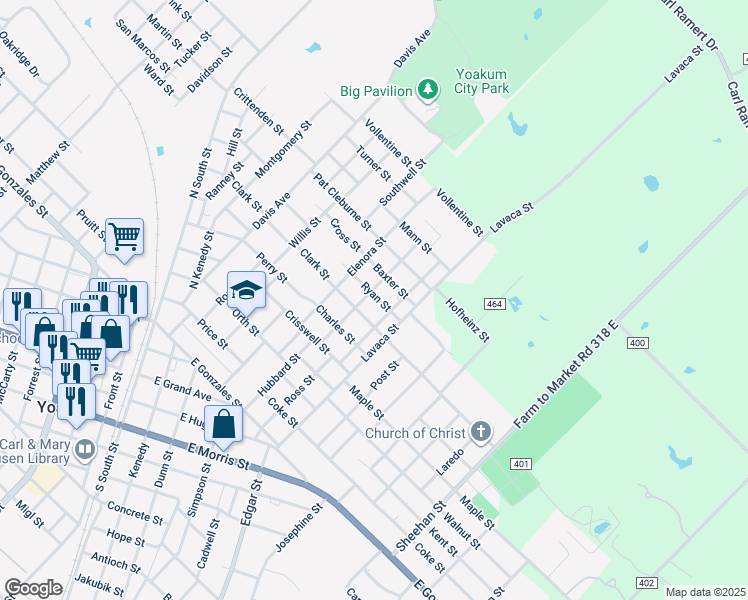 map of restaurants, bars, coffee shops, grocery stores, and more near 401 Henrietta Street in Yoakum