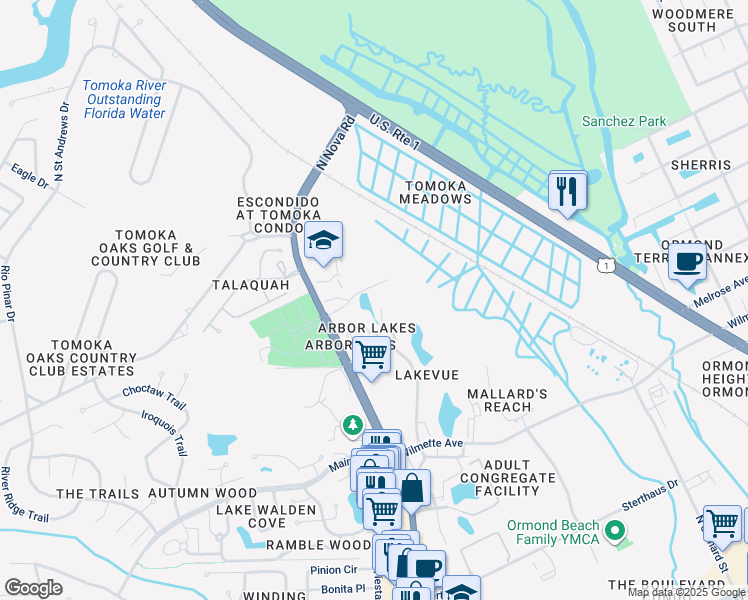 map of restaurants, bars, coffee shops, grocery stores, and more near 39 Tomoka Meadows Boulevard in Ormond Beach
