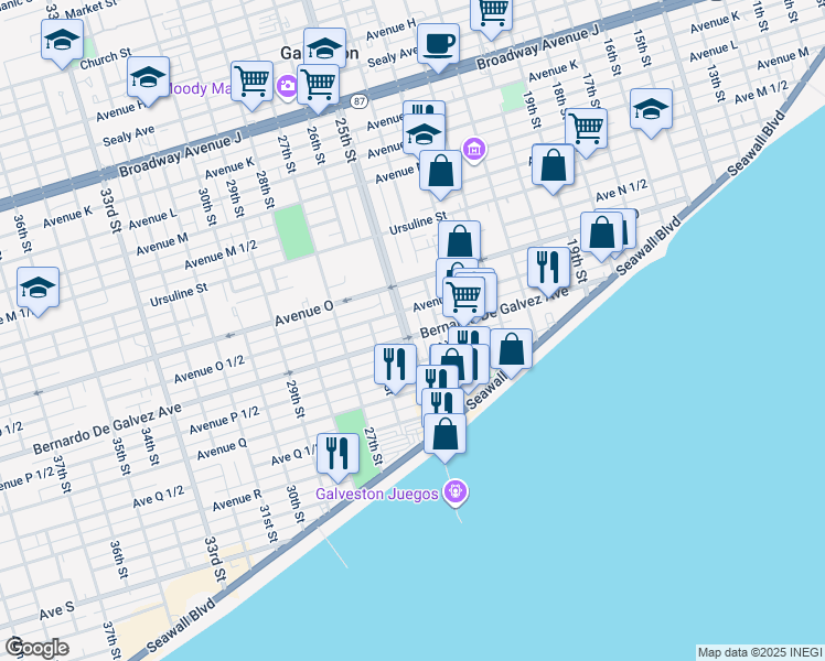 map of restaurants, bars, coffee shops, grocery stores, and more near 2408 Bernardo De Galvez Avenue in Galveston