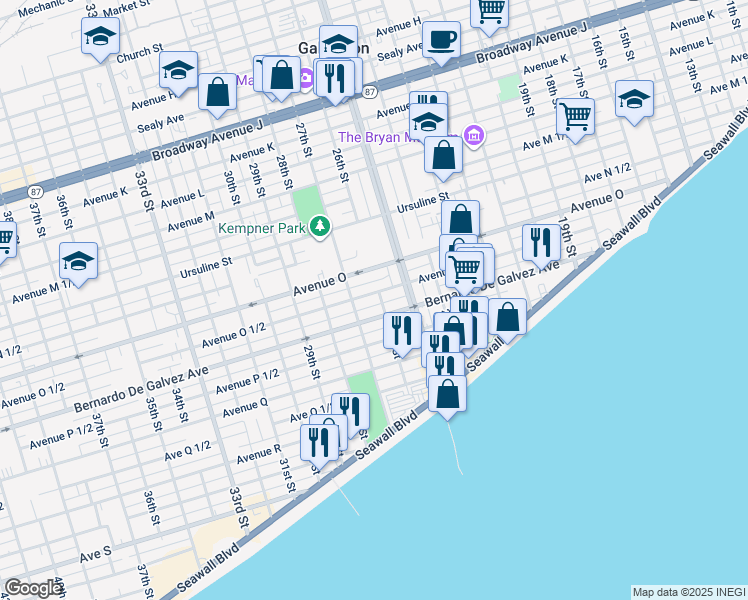 map of restaurants, bars, coffee shops, grocery stores, and more near 2626 Avenue O 1/2 in Galveston