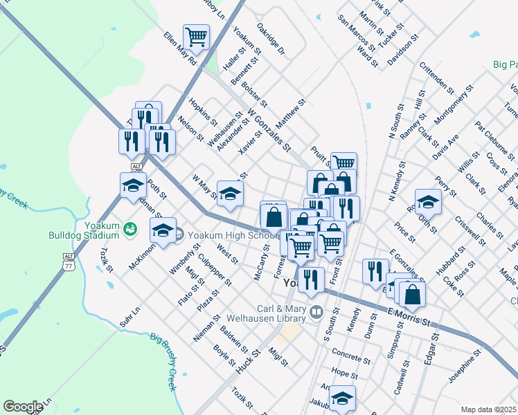 map of restaurants, bars, coffee shops, grocery stores, and more near 605 West May Street in Yoakum