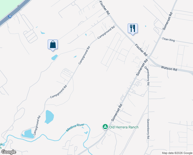 map of restaurants, bars, coffee shops, grocery stores, and more near 12545 Fischer Road in Von Ormy