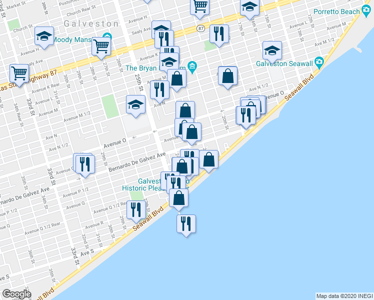 map of restaurants, bars, coffee shops, grocery stores, and more near 1901 23rd Street in Galveston