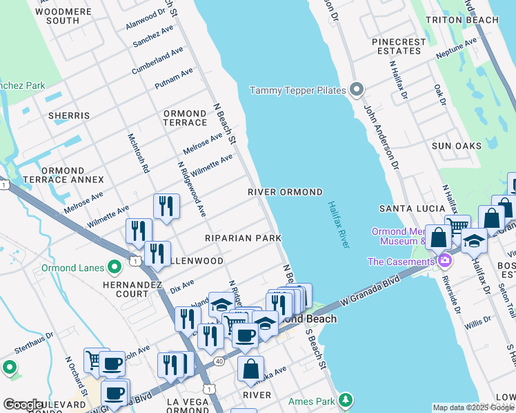 map of restaurants, bars, coffee shops, grocery stores, and more near 238 North Beach Street in Ormond Beach