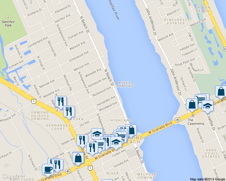 map of restaurants, bars, coffee shops, grocery stores, and more near 238 North Beach Street in Ormond Beach
