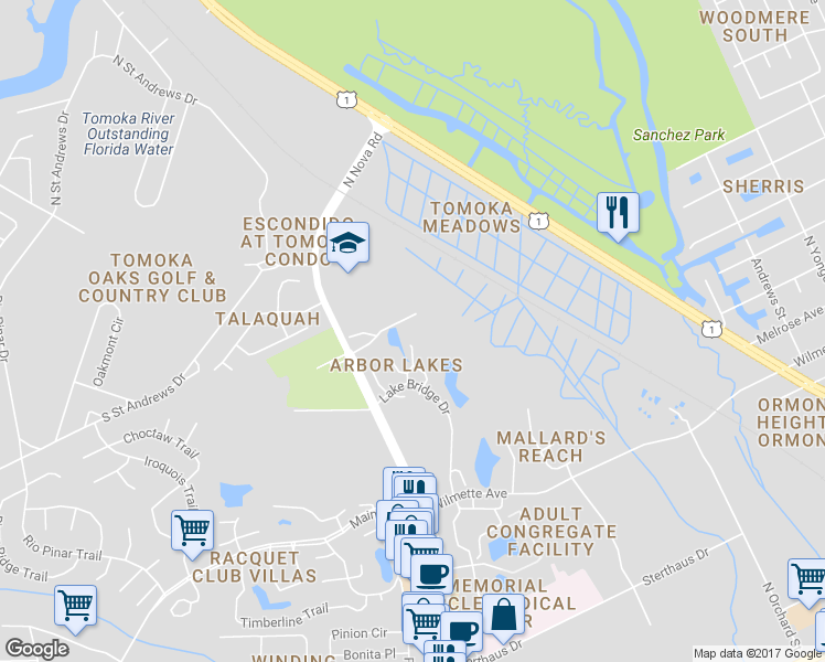 map of restaurants, bars, coffee shops, grocery stores, and more near 39 Tomoka Meadows Boulevard in Ormond Beach