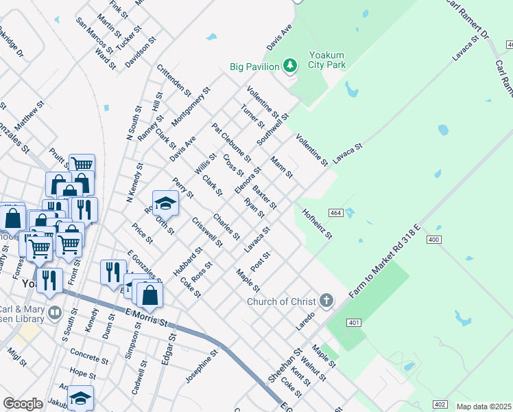 map of restaurants, bars, coffee shops, grocery stores, and more near 401 Henrietta Street in Yoakum