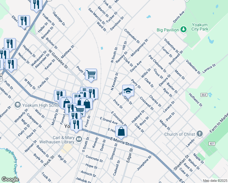 map of restaurants, bars, coffee shops, grocery stores, and more near 113 Davis Avenue in Yoakum