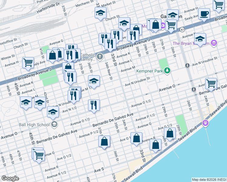 map of restaurants, bars, coffee shops, grocery stores, and more near 3401 Ursuline Street in Galveston