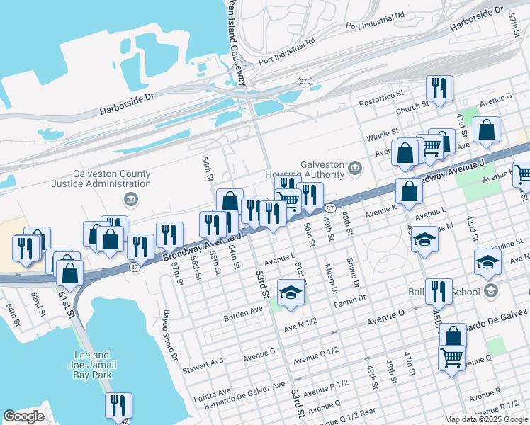 map of restaurants, bars, coffee shops, grocery stores, and more near 912 52nd Street in Galveston