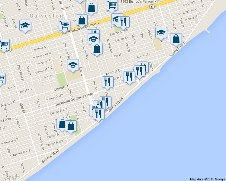 map of restaurants, bars, coffee shops, grocery stores, and more near 1909 22nd St in Galveston