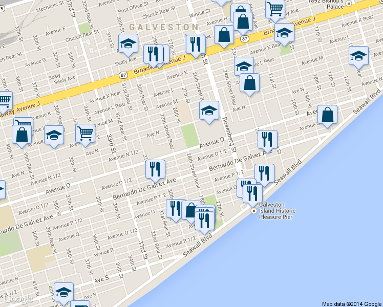 map of restaurants, bars, coffee shops, grocery stores, and more near 1710 28th Street in Galveston