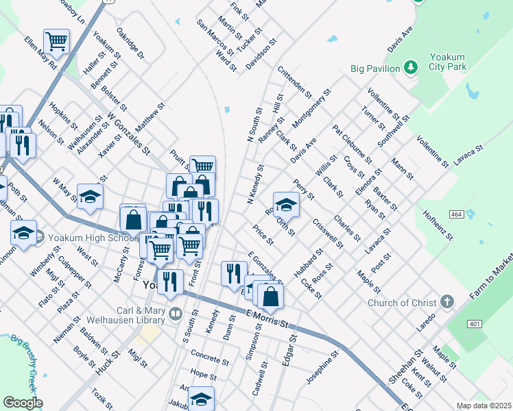 map of restaurants, bars, coffee shops, grocery stores, and more near 113 Davis Avenue in Yoakum