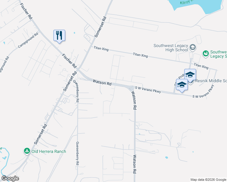map of restaurants, bars, coffee shops, grocery stores, and more near 13025 Watson Road in Von Ormy