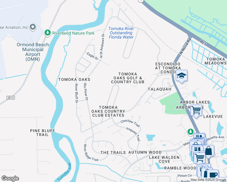map of restaurants, bars, coffee shops, grocery stores, and more near 39 Oakmont Circle in Ormond Beach