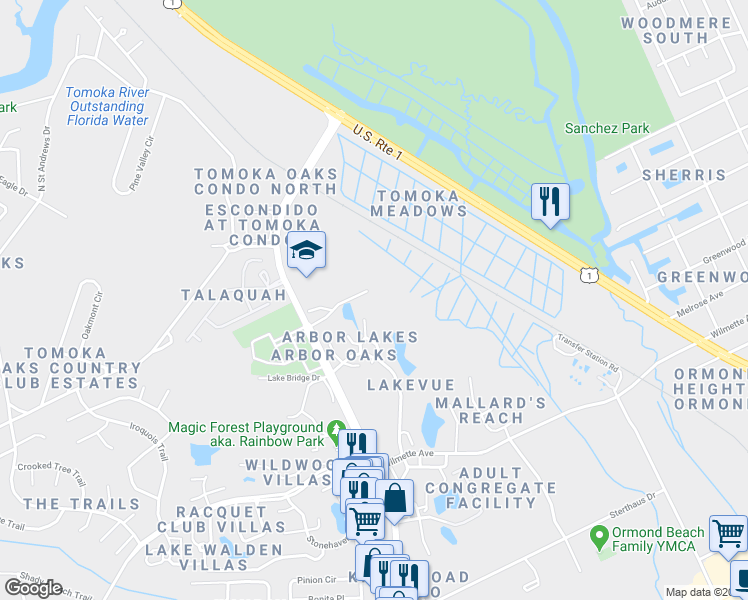 map of restaurants, bars, coffee shops, grocery stores, and more near 51 Tomoka Meadows Boulevard in Ormond Beach