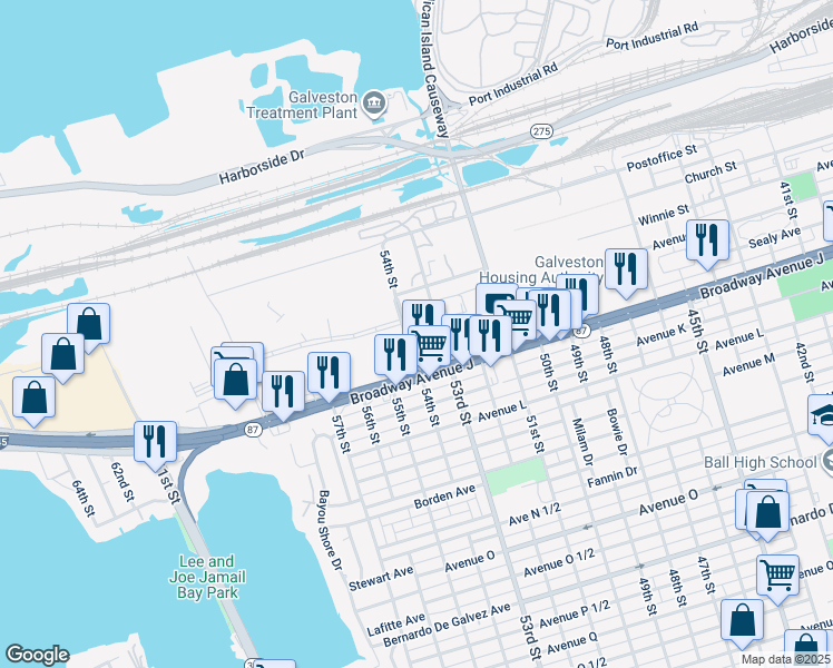 map of restaurants, bars, coffee shops, grocery stores, and more near 5320 Avenue I in Galveston