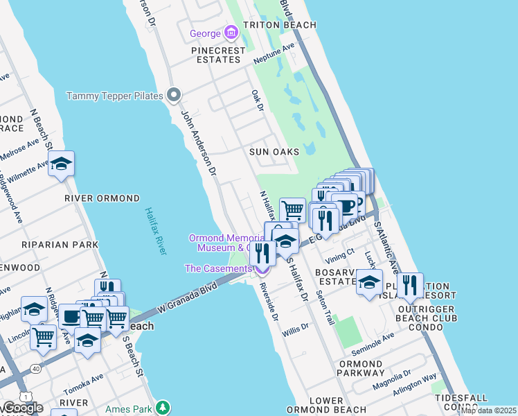 map of restaurants, bars, coffee shops, grocery stores, and more near 60 North Halifax Drive in Ormond Beach