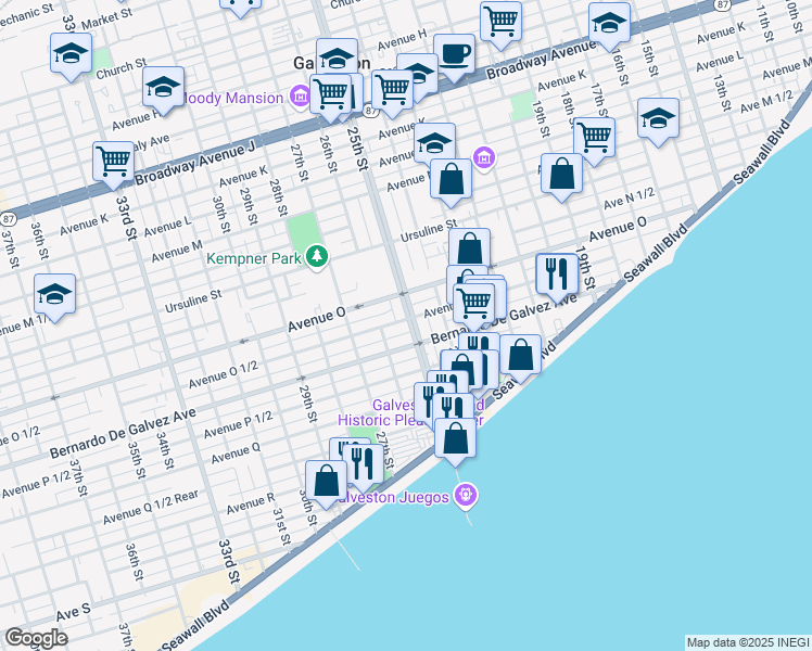 map of restaurants, bars, coffee shops, grocery stores, and more near 2513 1/2 Avenue O in Galveston