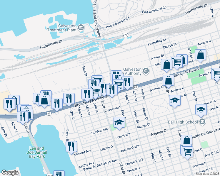 map of restaurants, bars, coffee shops, grocery stores, and more near 5117 Avenue I in Galveston