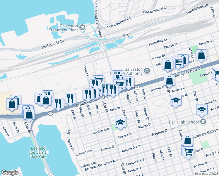 map of restaurants, bars, coffee shops, grocery stores, and more near 912 52nd Street in Galveston