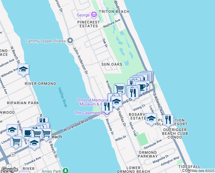 map of restaurants, bars, coffee shops, grocery stores, and more near 60 North Halifax Drive in Ormond Beach