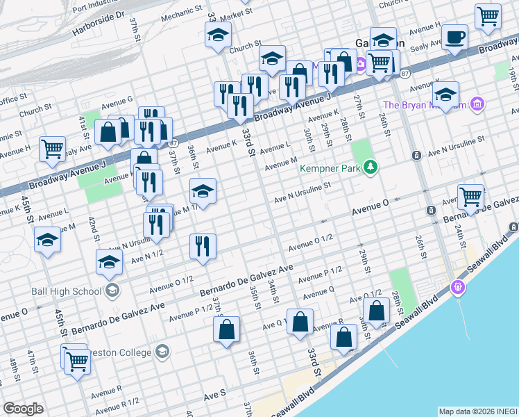 map of restaurants, bars, coffee shops, grocery stores, and more near 3401 Ursuline Street in Galveston