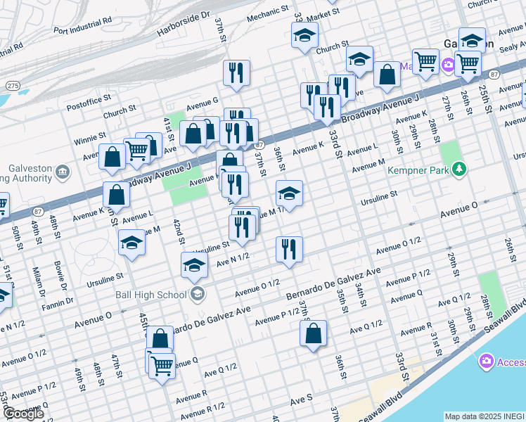 map of restaurants, bars, coffee shops, grocery stores, and more near 3718 Avenue M 1/2 in Galveston